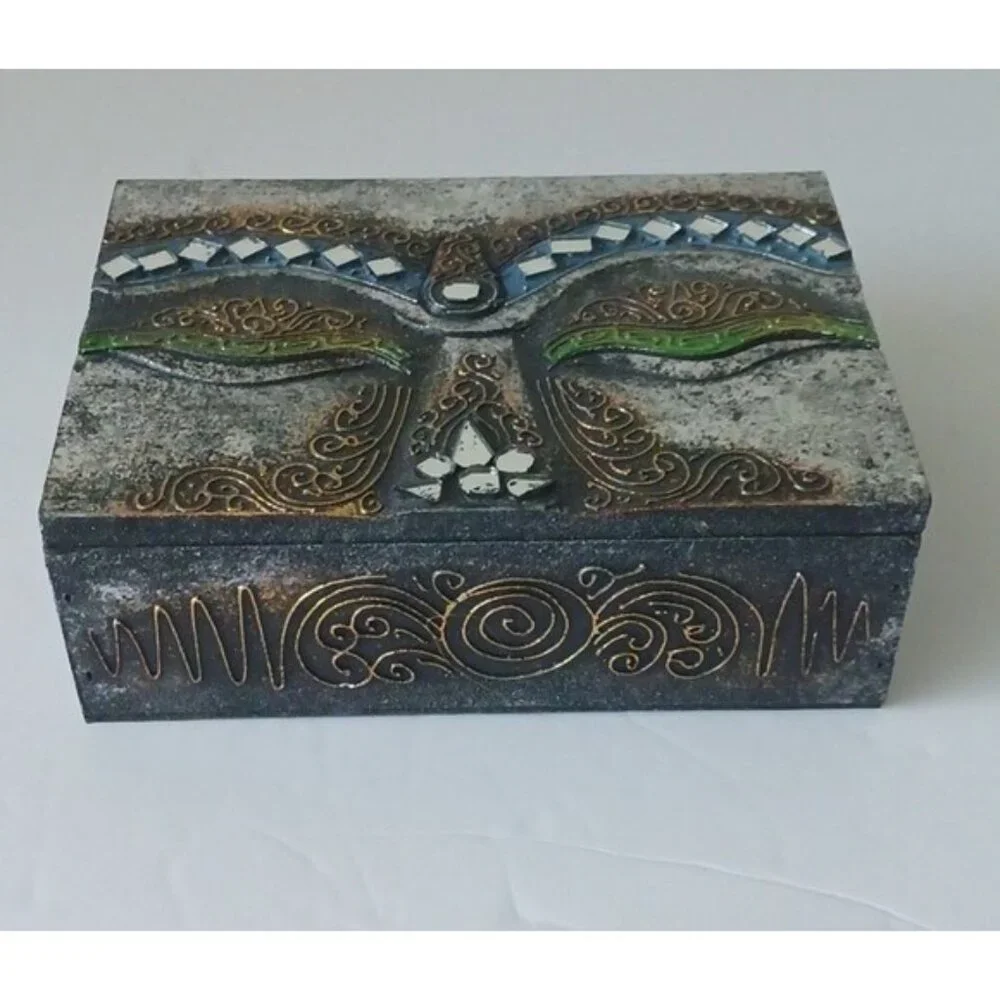 Face of Buddha VTG Wooden Jewelry Box W Mirrors Details 7